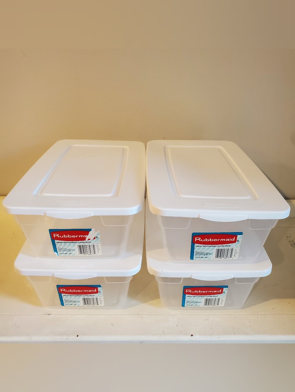Vintage Rubbermaid Shoe Box Storage Container Set Of 4 Clear White Lid 1.5 Gal